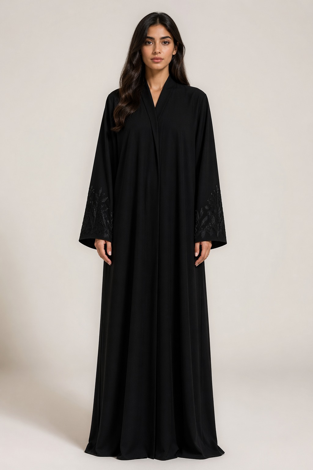 N002, an embroidered crêpe abaya in onyx black