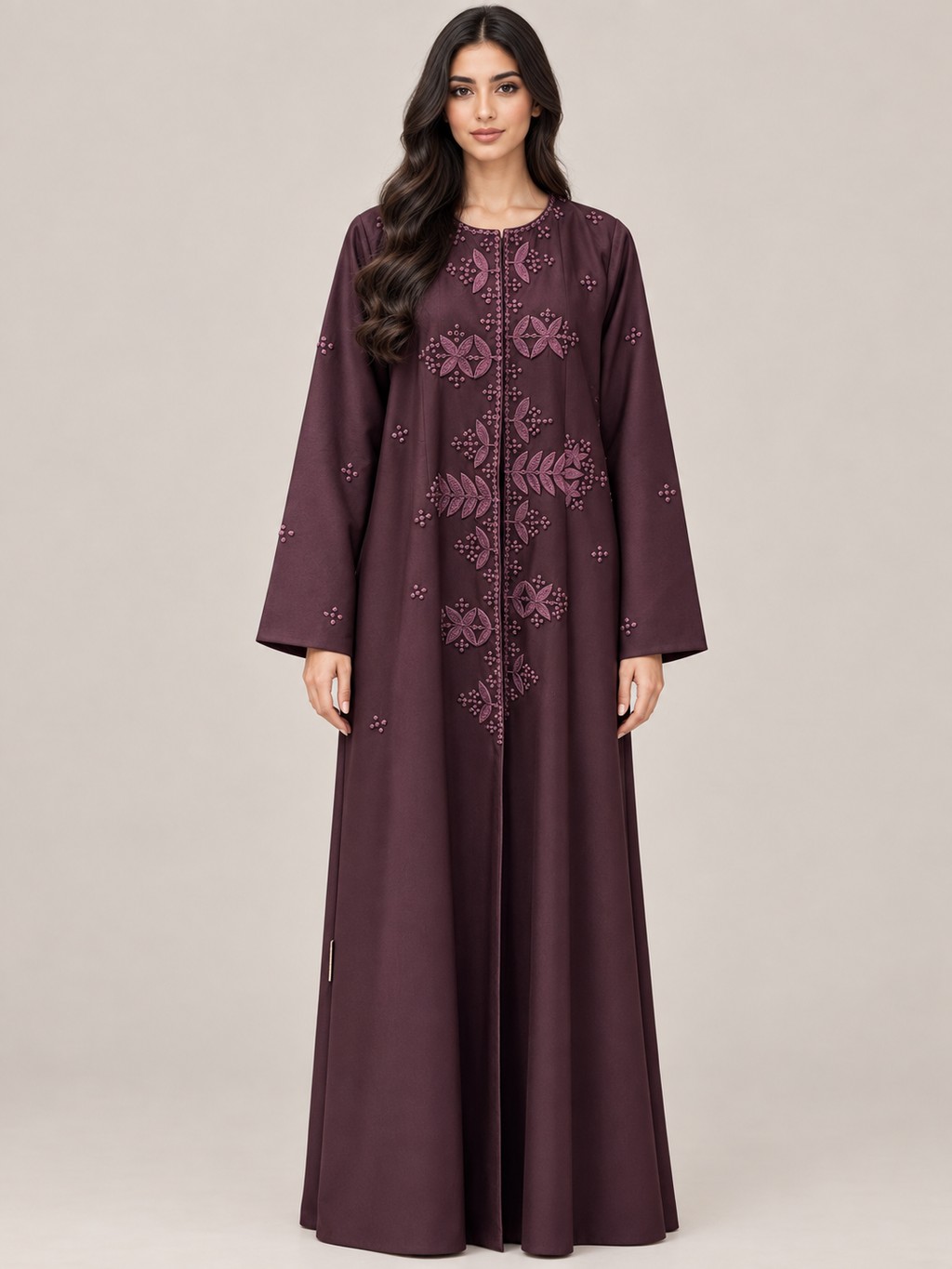 N006, an abaya with tonal embroidery down the centre front